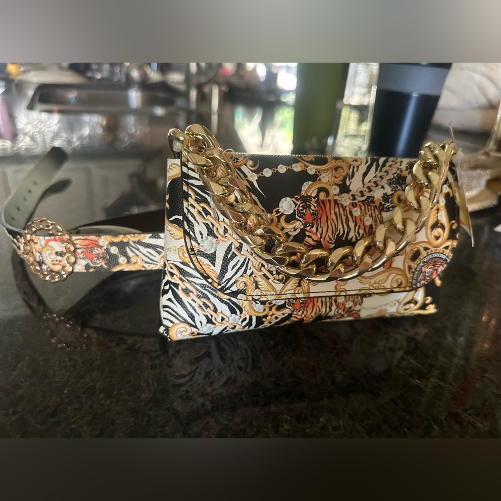 Aldo Animal Print Crossbody belt Bag with Gold Chain New